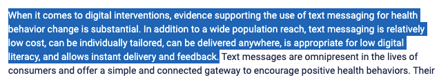 Texting = health equity.

Researchers say text messaging:

- Connects folks through a familiar medium
- Supports behavior change
- Provides low-cost path to cut health inequities
- Aids preventive health

The latest tech isn't always the best for the job. jmir.org/2019/12/e16630/