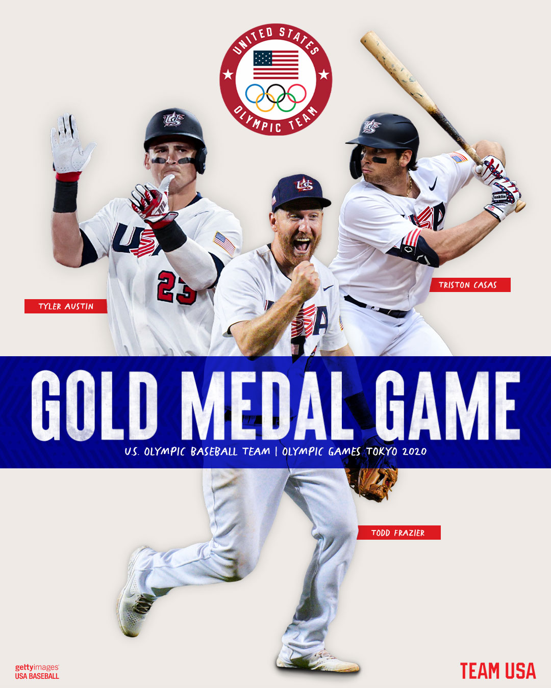 Gold medal game graphic for USA Baseball, photos of Tyler Austin, Todd Frazier, and Triston Casas.