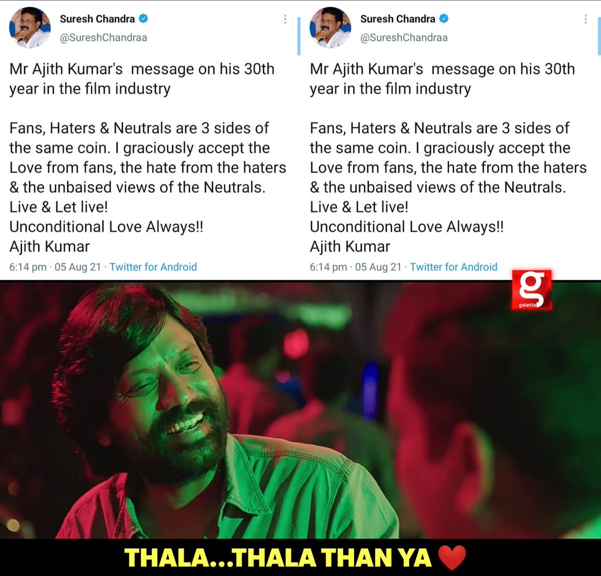 galattadotcom's tweet image. வாழ, வாழ விடு...! - #ThalaAjith ❣

#30YearsOfAjithKumar #AjithKumar #Thala #Valimai