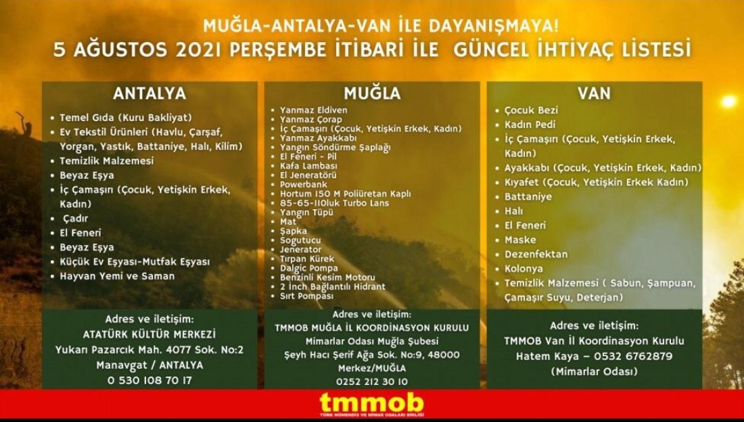Acil ihtiyaç listesi.. 
#Antalya 
#Muğla 
#Van