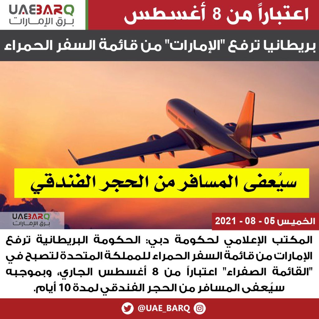 الحكومة البريطانية ترفع #الإمارات من قائمة السفر الحمراء.

#برق_الإمارات