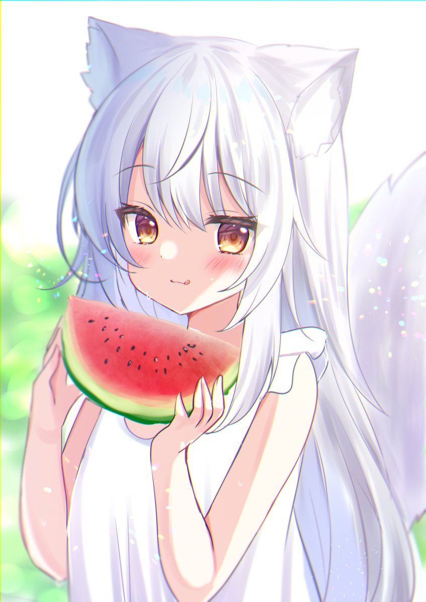 1girl food animal ears tail watermelon fruit solo  illustration images