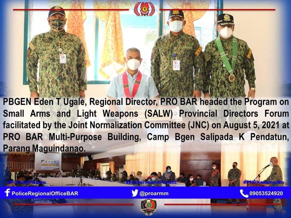 proarmm's tweet photo. PBGEN EDEN T UGALE, Regional Director, PRO BAR headed the Program on Small Arms and Light Weapons (SALW) Provincial Directors Forum facilitated by the Joint Normalization Committee (JNC) on August 5, 2021at Multi-Purpose Building, Camp Bgen Salipada K Pendatun,Parang Maguindanao. https://t.co/Xtmf16pKIC