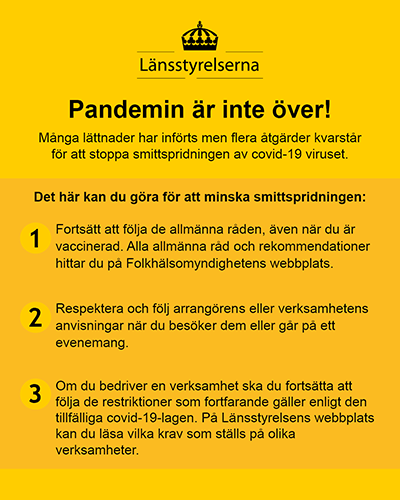 LansstyrelseSTH's tweet photo. Besök länsstyrelsernas webbplats för mer information om vilka krav som gäller för olika verksamheter enligt covid-19-lagen.

https://t.co/VpdLFhEhQQ https://t.co/B39Css2mGI