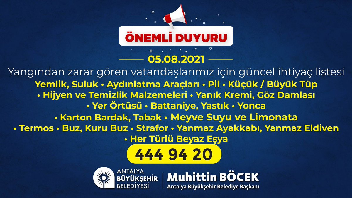 ANTALYABB's tweet photo. #Manavgat için başlattığımız yardım seferberliği sürüyor. Bu mücadeleye destek olmak için

📞ABİM: 4449420
☎️İrtibat numaramız: 02425020967
📍Manavgat yardım merkezleri https://t.co/zD86iehLdL