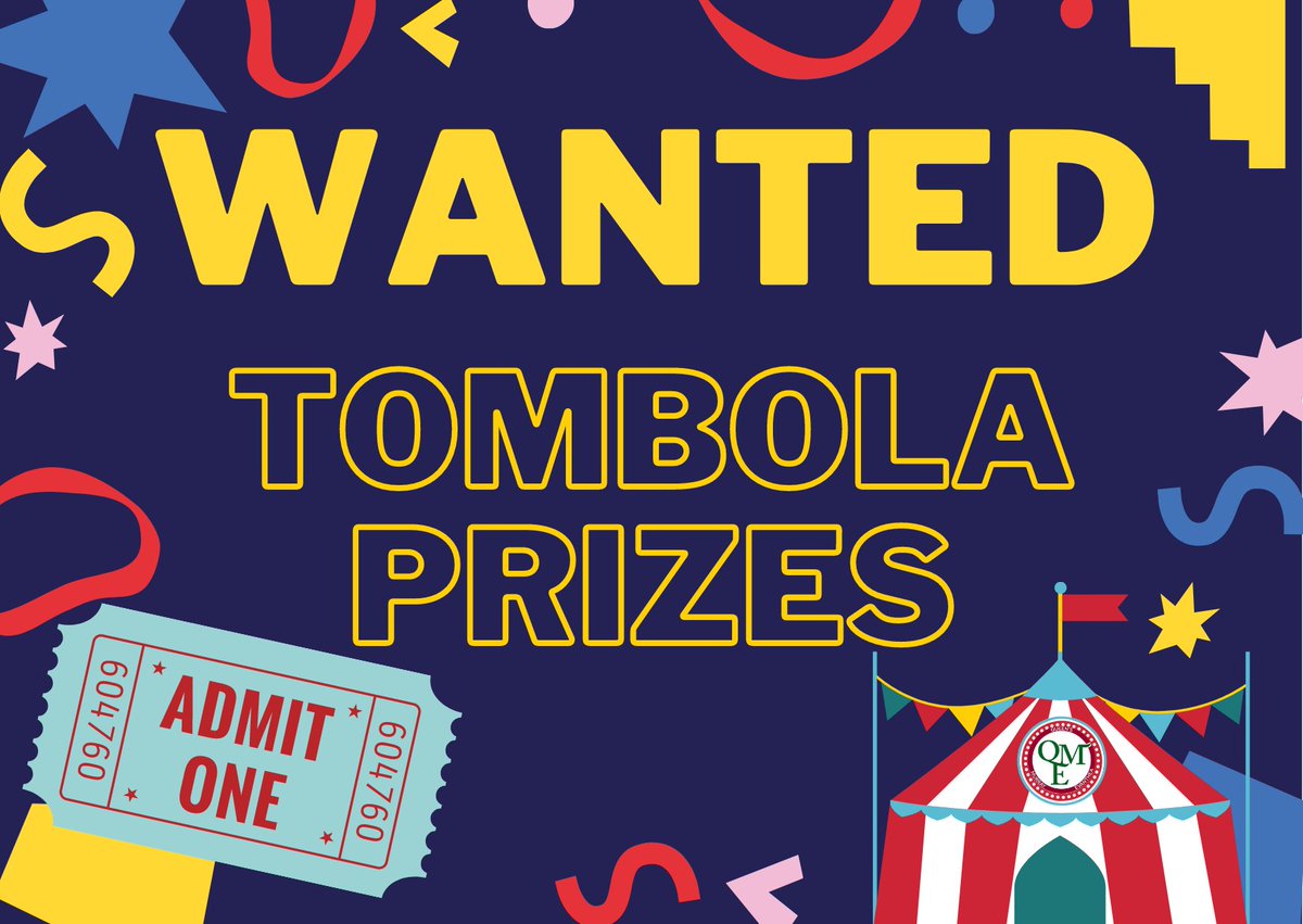 🍾🎁Wanted: Tombola Prizes! 🎟
With Funfair week coming up (16th-20th August) at QME Care, we are looking for tombola prizes. We'd hugely appreciate if you might be willing to donate a prize to our fundraising tombola. Please get in touch info@qmecare.org 
#QMEcare #Funfairweek