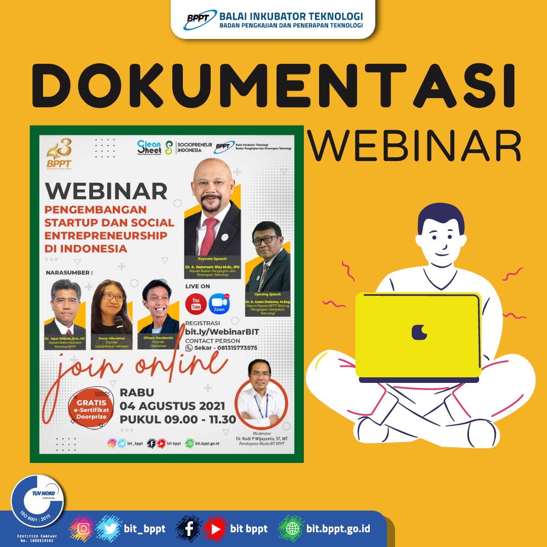 bit_bppt's tweet image. Webinar BIT
Puspiptek, 5 Agustus 2021

Balai Inkubator Teknologi telah melaksanakan Webinar dengan mengambil tema Pengembangan Startup dan Social Entrepreneurship. 

#BPPT #bppt_ri #bit #bit_bppt #sociopreneurs #Webinar #solidsmartspeed #43tahun