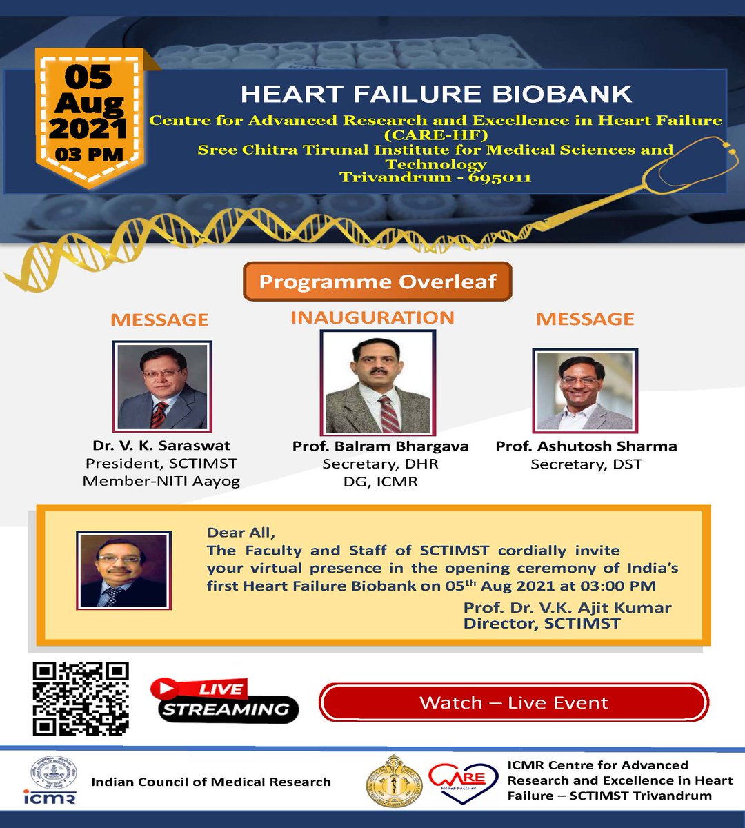 ICMR supported heart failure biobank, first in India, will be inaugurated at SCTIMST, Trivandrum. This biobank will foster research collaborations to advance precision medicine initiatives in heart failure in India. @MoHFW_INDIA @sctimst_tvm @PIB_India #AmritMahotsav