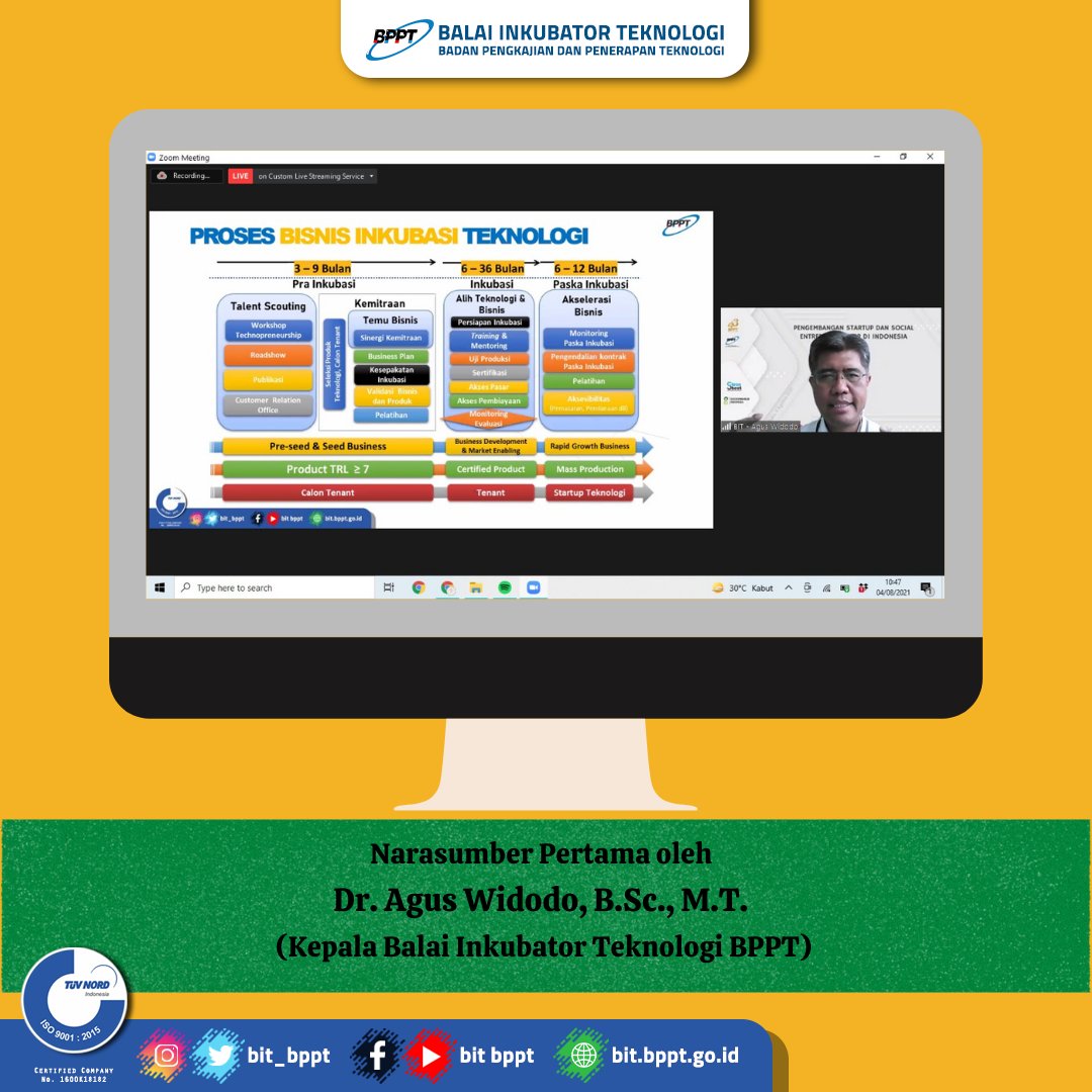 bit_bppt's tweet image. Webinar BIT
Puspiptek, 5 Agustus 2021

Balai Inkubator Teknologi telah melaksanakan Webinar dengan mengambil tema Pengembangan Startup dan Social Entrepreneurship. 

#BPPT #bppt_ri #bit #bit_bppt #sociopreneurs #Webinar #solidsmartspeed #43tahun