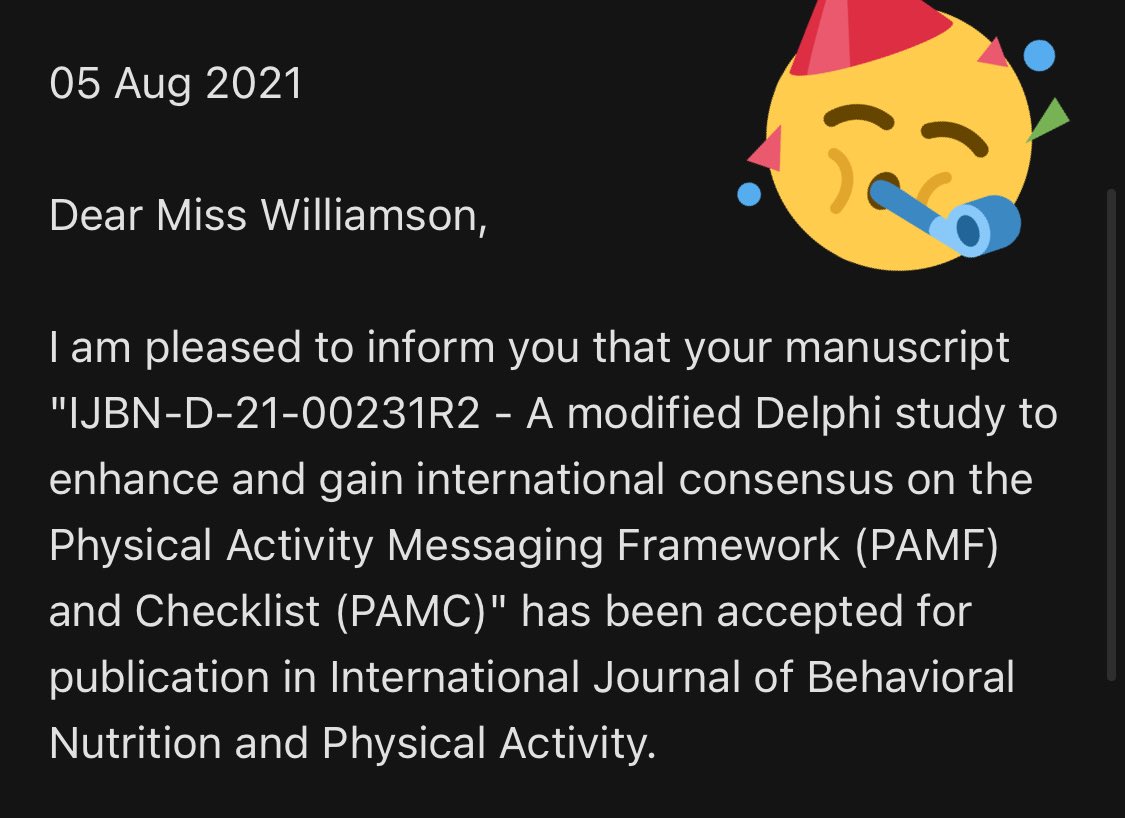 Delighted to have my second PhD paper accepted for publication today! The Physical Activity Messaging Framework (PAMF) will be out soon.

Thanks and congrats to my co-authors: <a href="/narrowboat_paul/">Paul Kelly</a> <a href="/DrGrahamBaker/">Graham Baker</a> <a href="/JennTomasone/">Jennifer Tomasone</a> <a href="/AdrianBauman/">Adrian Bauman</a> <a href="/JRLovesCycling/">Justin Richards</a> <a href="/AilsaNiven/">Ailsa Niven</a> <a href="/nanettemutrie/">Nanette Mutrie</a>