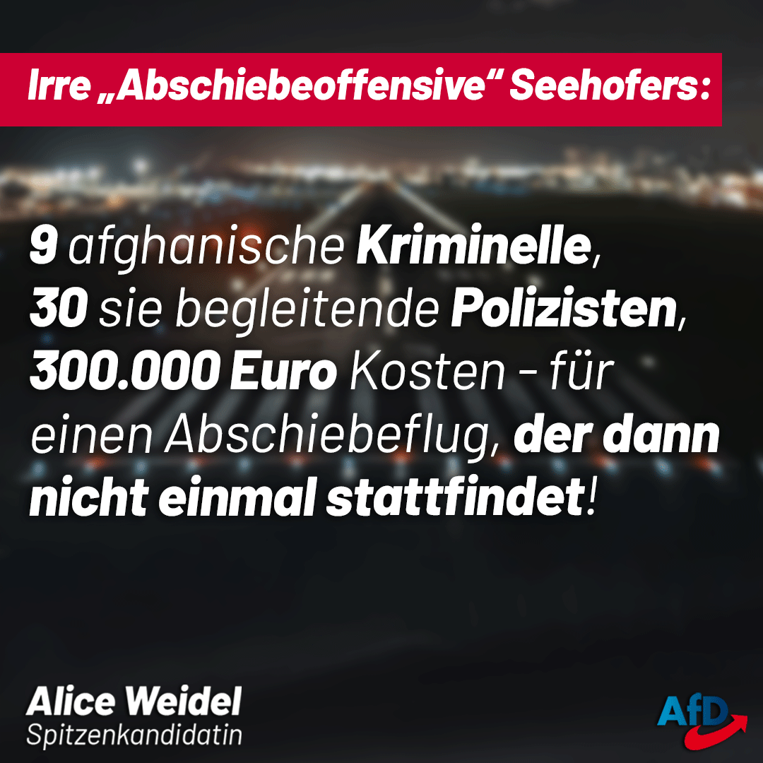 Alice_Weidel's tweet photo. Das ist keine Abschiebeoffensive, wie sie Innenminister Horst #Seehofer unlängst ankündigte, sondern blanker Hohn gegenüber dem Steuerzahler! Solche Maschinen haben bis zum letzten Platz mit Ausreisepflichtigen besetzt und jede Ausweisung kosteneffizient gestaltet zu werden! #AfD https://t.co/OMS71jask3