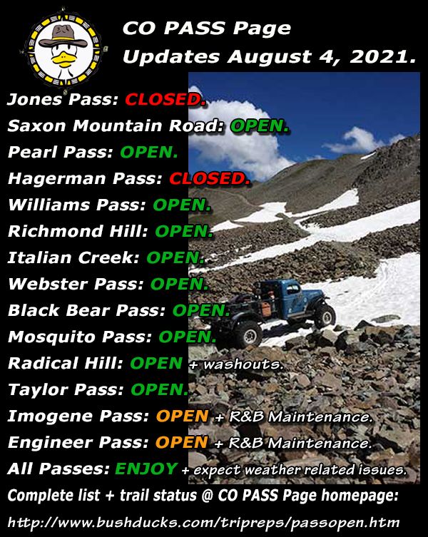 Bushducks's tweet image. PLEASE PASS ...... with due care 🏁
Full trail status list @ CO PASS Page homepage: bushducks.com/tripreps/passo…
Got trail status updates? 
Contribute at bushducks.com/tripreps/passo…