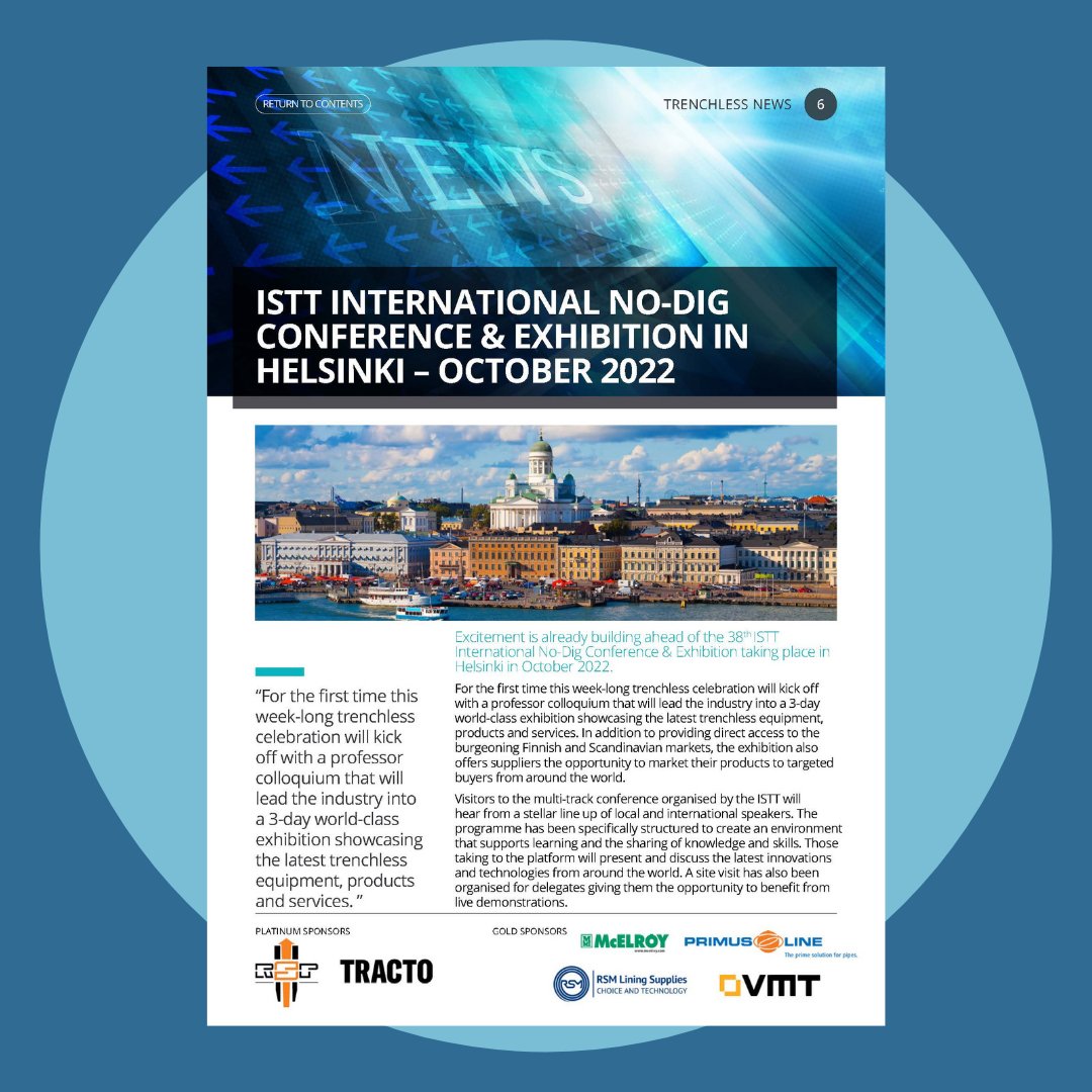 Excitement is already building ahead of the 38th ISTT International No-Dig Conference & Exhibition taking place in Helsinki in October 2022! Check this article out here - 

https://t.co/nTcBtq7nA1

#2022 #Helsinki #ISTT #nodig #nodiglive #trenchless #trenchlessworks https://t.co/MtHlCJzUDB