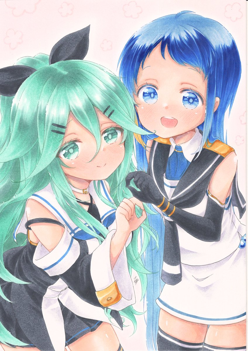 samidare (kancolle) ,yamakaze (kancolle) long hair multiple girls 2girls green hair school uniform swept bangs blue hair  illustration images