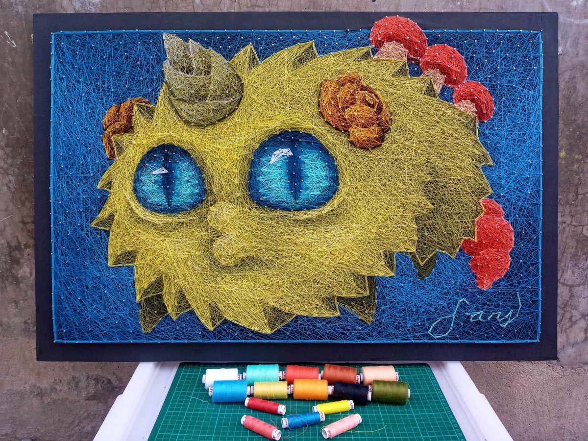 Here's my entry for #ArticArtContest @Axie44 

Made using only THREADS and NAILS.
Size: 2ftx3ft 

Fortunately, I was able to cram this artwork before the deadline 😅

See the process and more pictures of the artwork below. 😁

Axie used for reference: marketplace.axieinfinity.com/axie/2358