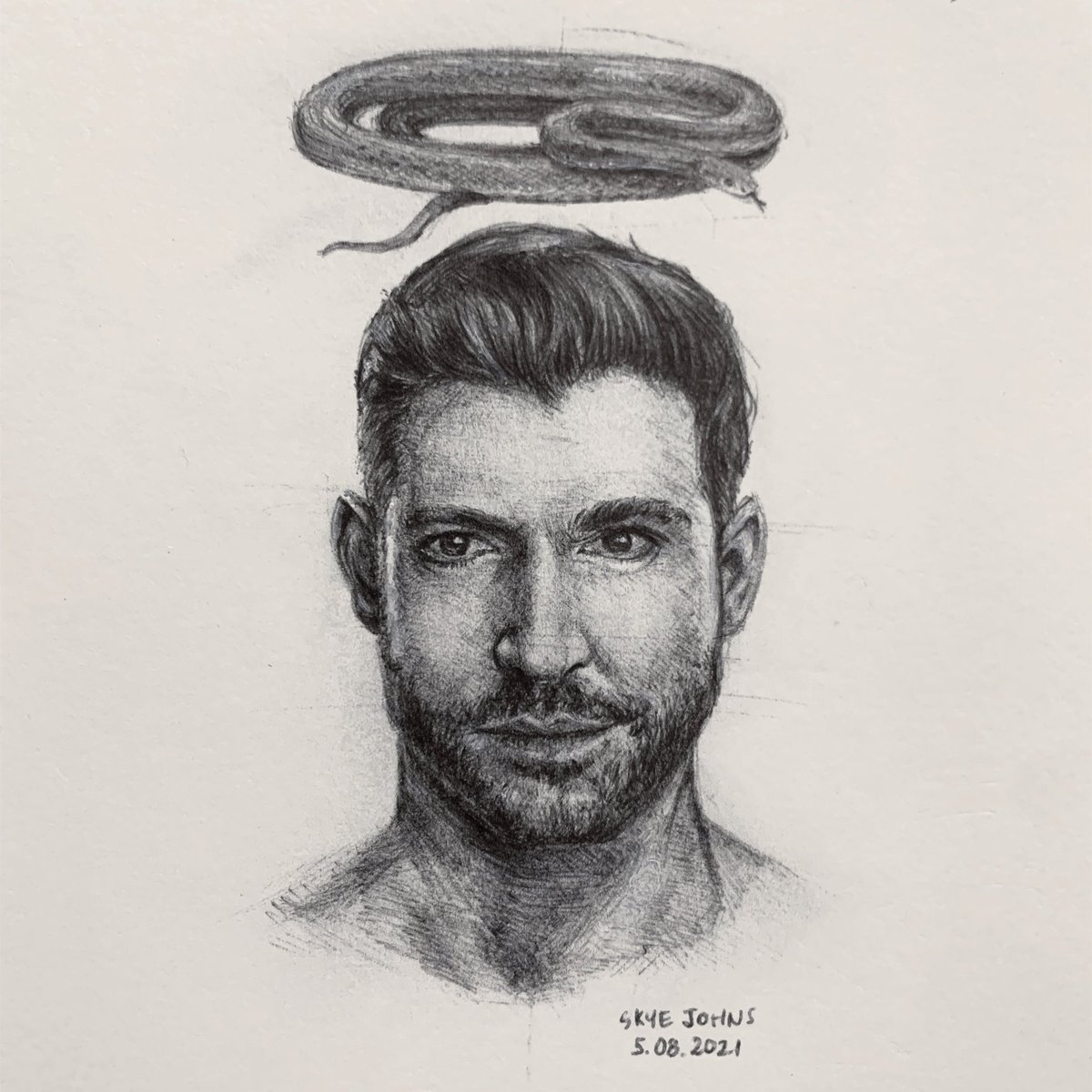 skyejohnsart's tweet photo. Lucifer Morningstar aka @tomellis17 Ballpoint pen portrait on A5 sketch pad. Took about 3-4 hrs with this one. Pretty happy with it given the size and medium! https://t.co/YWTZEQFqWQ