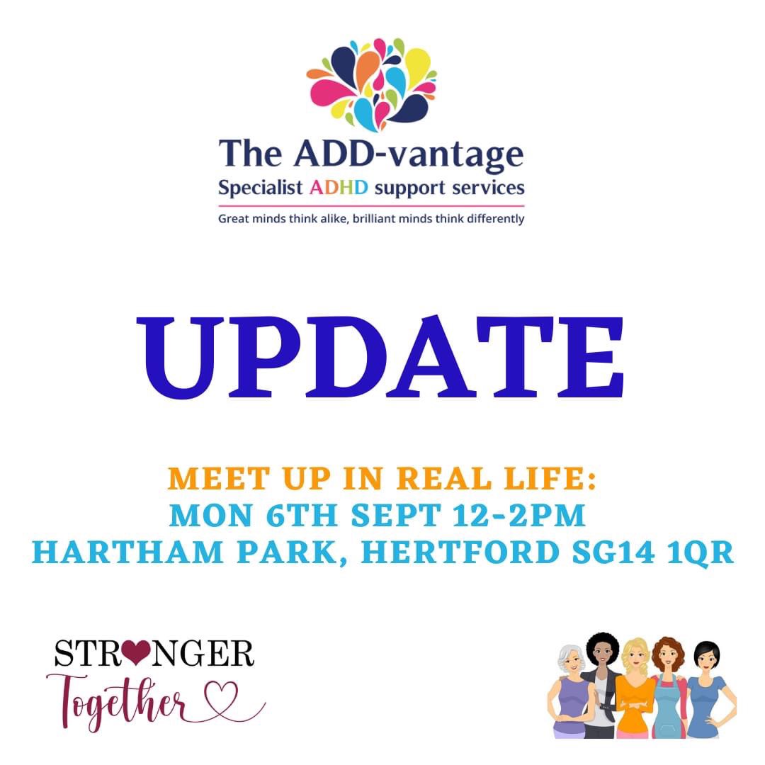 pippaADDvantage's tweet photo. Excited ( and a bit nervous!) to offer local Hertfordshire women with ADHD the opportunity to gather for friendship and to share experience and workarounds.   Bring your own lunch and chair!  #adhdwomen #adhdwoman #adhdtribe #adhdfemale https://t.co/zLDcNhI0KI