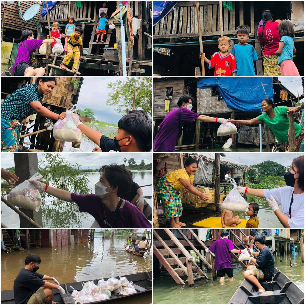 ShoonShun1's tweet photo. Youths helped flood victims in #Kayin State by donating rice and food. LEGALIZATION OF NUG #Aug5Coup  #WhatsHappeningInMyanmar https://t.co/OHv3dEzfK9