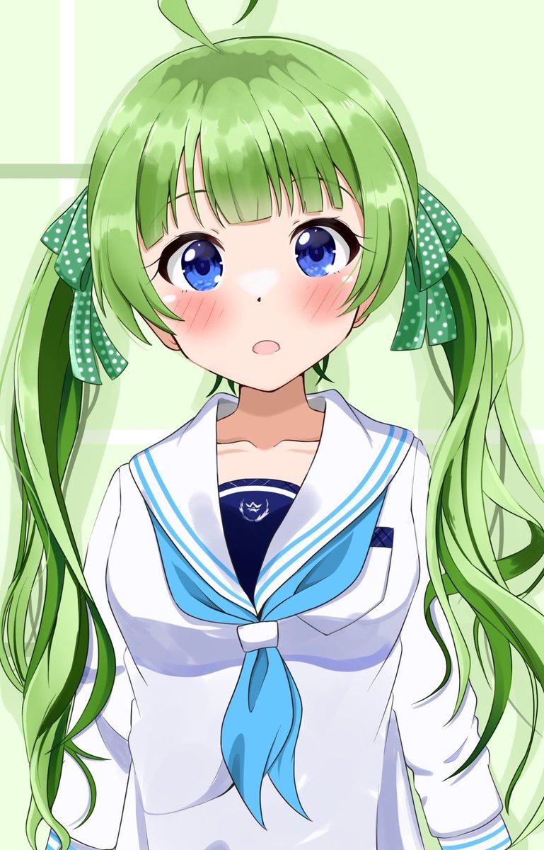 1girl blue eyes ahoge green hair solo twintails blush  illustration images