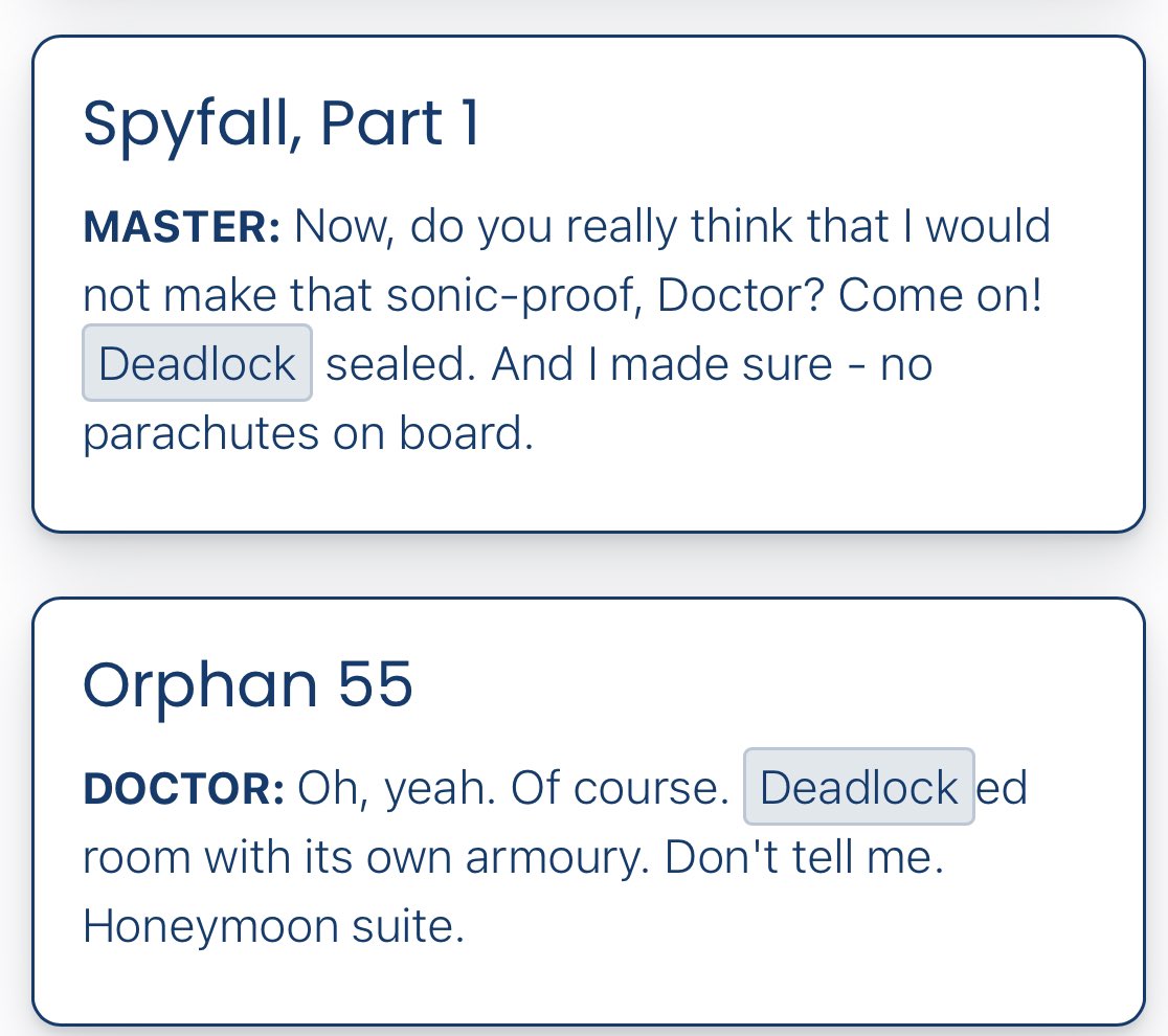 Chap_with_wings's tweet photo. The word deadlock has been used 30 times in 21stC #DoctorWho and I think that’s enough. 16 times by Davies. 12 by Moffat. 2 by Chibnall. Mostly it means “reason why the sonic screwdriver can’t get them out of this one.” #dropthesonicdevice https://t.co/Qmsv5DMXRM