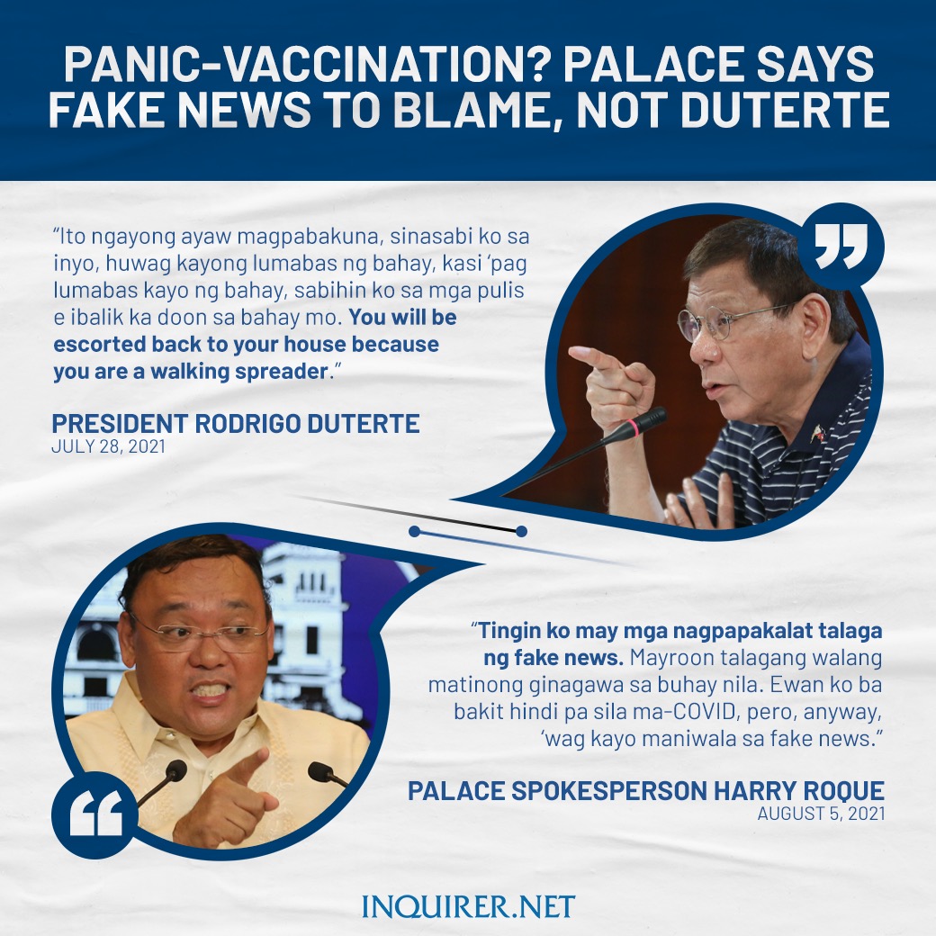 Malacañang denied that it was President Rodrigo Duterte's pronouncement to bar unvaccinated people from going out that caused the exodus. 

Presidential spokesperson Harry Roque blamed it instead on those "spreading fake news."

READ: inq.news/FakenewsnotDut…