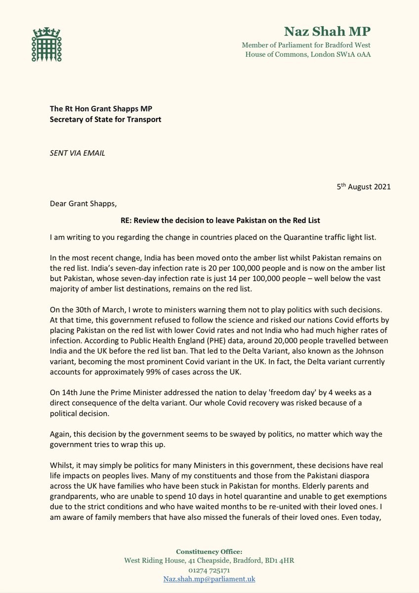 NazShahBfd's tweet photo. Today, I have written to @grantshapps to review the decision to leave Pakistan on the Red List. https://t.co/F8Qambawdu