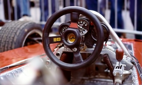 Steering wheel designed to do what a steering wheel does and a stick to change the cogs. Nikis Ferrari 312T, 1975.