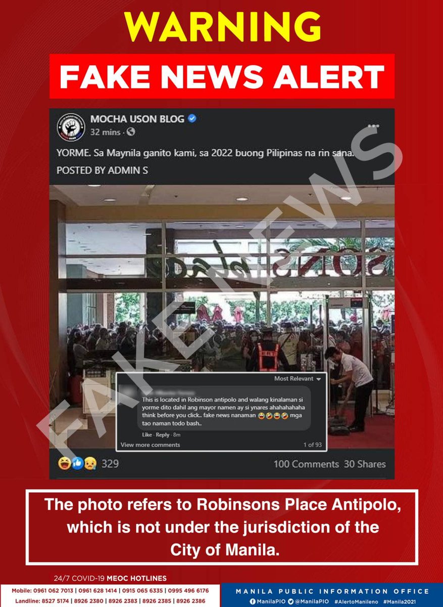 News5PH's tweet photo. Naglabas ng fake news alert ang Manila PIO laban sa Facebook post na may kasamang litrato ng kumpulan ng mga tao.

"Ang mall na nasa litrato ay hindi matatagpuan sa Lungsod ng Maynila. Paki-report po bilang 'fake news' ang naturang post. Maraming salamat po."

📷: Manila PIO https://t.co/TH2hkog2XS
