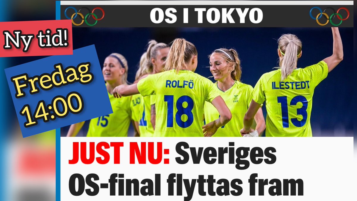 Yes!!
Finalen flyttas fram nÃ¥gra timmar!!
PÃ¥ fredag 14:00 ny tid fÃ¶r
Sverige - Kanada OS-final. 