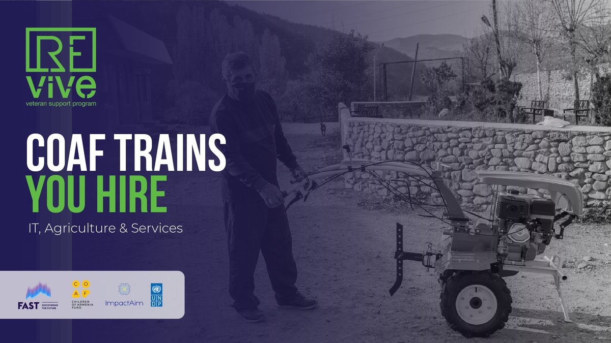Call for partnerships for local businesses in the #IT, #Agriculture, and #Services industry to provide internship/employment spots to the veterans COAF trains. lnkd.in/e-dVDSDq📢

Revive Capacity Building program is implemented jointly with <a href="/coafkids/">Children of Armenia Fund</a> 

@UNDPinArmenia @FAST