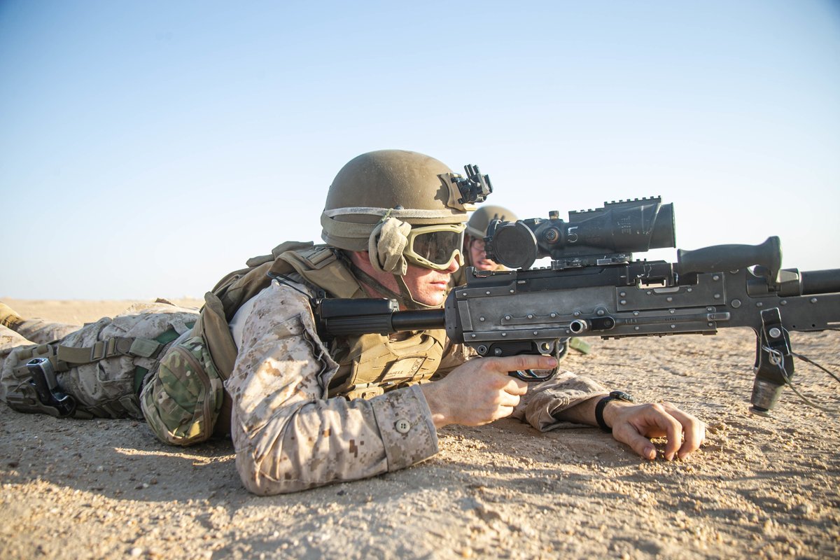 CENTCOM's tweet photo. U.S. #Marines with 2nd Battalion, 1st Marines, assigned to #SPMAGTFCRCC, provide security during a Tactical Recovery of Aircraft and Personnel exercise in #Kuwait, July 15, 2021. @USMARCENT https://t.co/CQ4EO08zYe