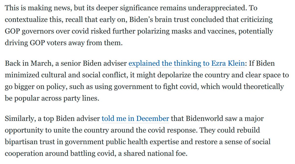 Key context on Biden's rebuke of GOP governors:

When Biden took over, his brain trust believed that once Trump faded, a competent covid response could depolarize the country around vaccines and masks. A shared sense of the common good would reemerge. 1/

washingtonpost.com/opinions/2021/…