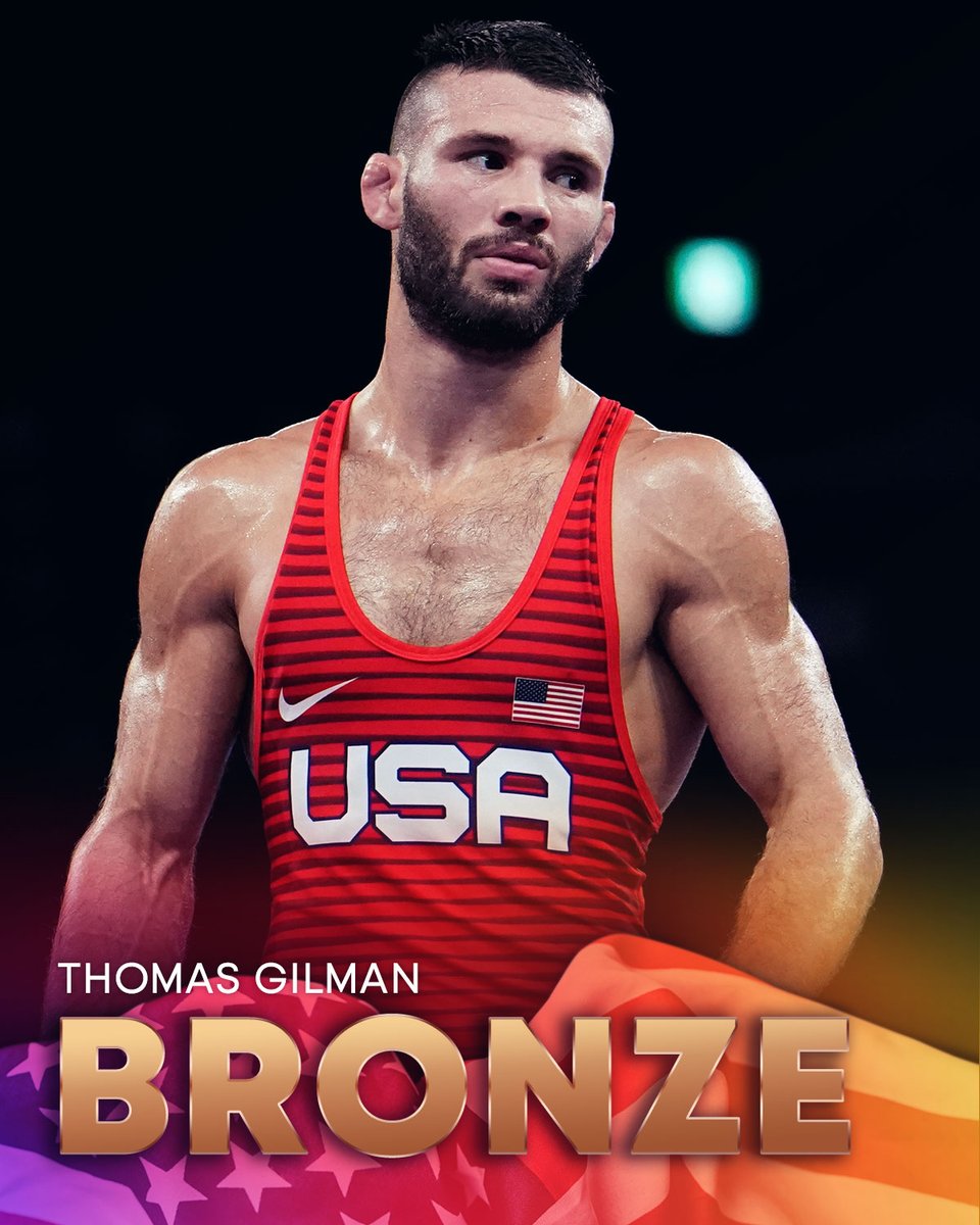 NBCOlympics's tweet image. BRONZE FOR GILMAN! 🥉 

Wrestler Thomas Gilman wins BRONZE in the men's freestyle 57kg.

@thomasgilmanusa // @TeamUSA x #TokyoOlympics