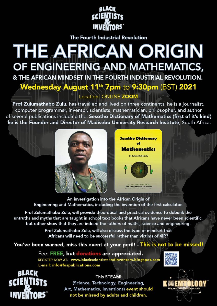 It's time to debunk the myth often taught in the school text books that Africans have contributed very little to science and technology. 

Join us for our next INDUSTRY 4.0 event, titled: The African Origin of Engineering &amp; Mathematics. 

Delivered by Prof Zulumathambo Zulu.