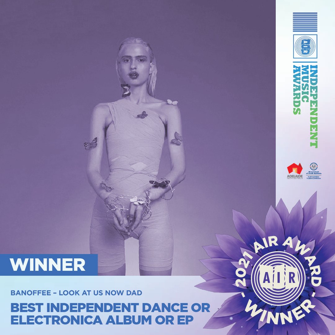 And.. the 2021 AIR Award for Best Independent Dance, Electronica or Club Album or EP goes to.. @banoffeemusic – Look At Us Now Dad! #AusIndies | #ADLCoM | #SeeSouthAustralia | @SouthAustralia | #ADLcityofmusic | #indieconaus