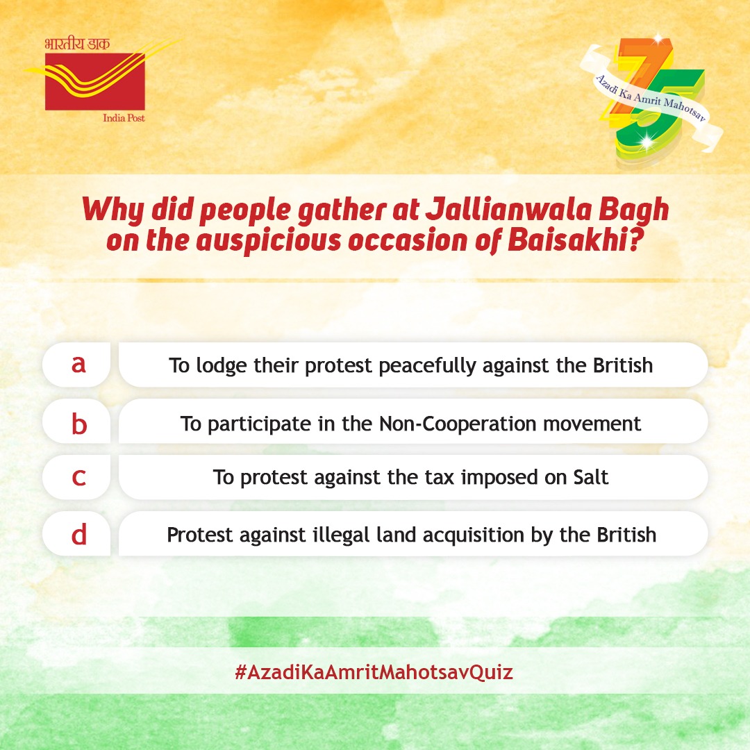 IndiaPostOffice's tweet photo. जलियांवाला बाग प्रकरण भारत के स्वतंत्रता संघर्ष में एक निर्णायक मोड़ था। यदि आप उपरोक्त प्रश्नोत्तरी का उत्तर जानते हैं, तो नीचे टिप्पणी ��नुभाग में लिखें। 
#AzadiKaAmritMahotsav #AzadiKaAmritMahotsavQuiz #IndiaAt75 https://t.co/zjCJD9XBIk