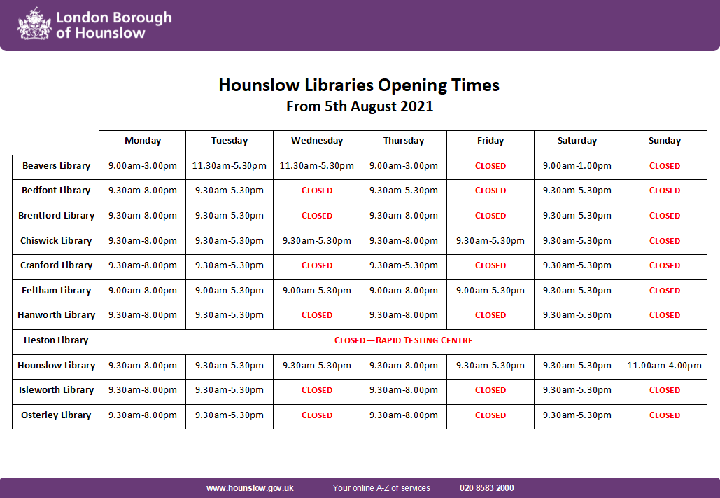 LBHLibraries's tweet photo. We have been working hard to make our facilities as safe and accessible as possible and are now happy to announce that #IsleworthLibrary is the latest of our branches to reopen!
Current opening hours for all of our branches can be seen in the accompanying image. https://t.co/r50M2qkbam