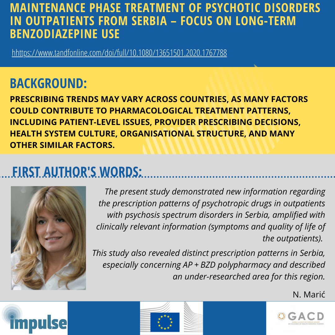 ImpulseStudy's tweet photo. The IMPULSE team in Serbia, led by @NaMariBo, published a paper on long-term use of #benzodiazepines among outpatients with #psychosis. The paper was published in International Journal of Psychiatry in Clinical Practice: https://t.co/EyUZd41MdJ

#H2020 #mentalhealth https://t.co/Vx7i9DLrsd