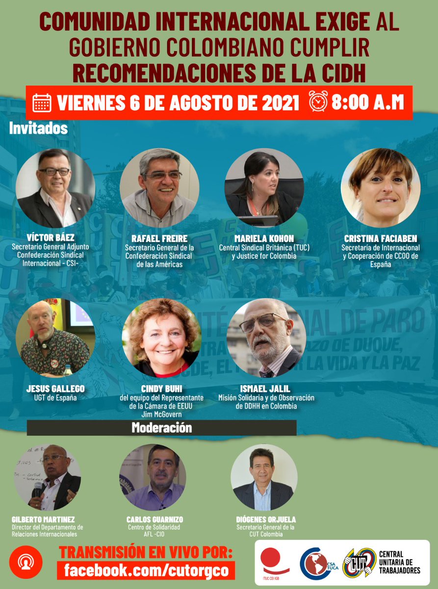 #SOSColombia
Mañana 10 horas, nuestro compañero <a href="/ElTurcoJalil/">Ismael Jalil</a> estará en el panel organizado por la CUT de Colombia. Luego de la presentación del informe sobre la situación represiva, continúan los reclamos internacionales al estado colombiano #BastaDeRepresión.

@MisionIntCol