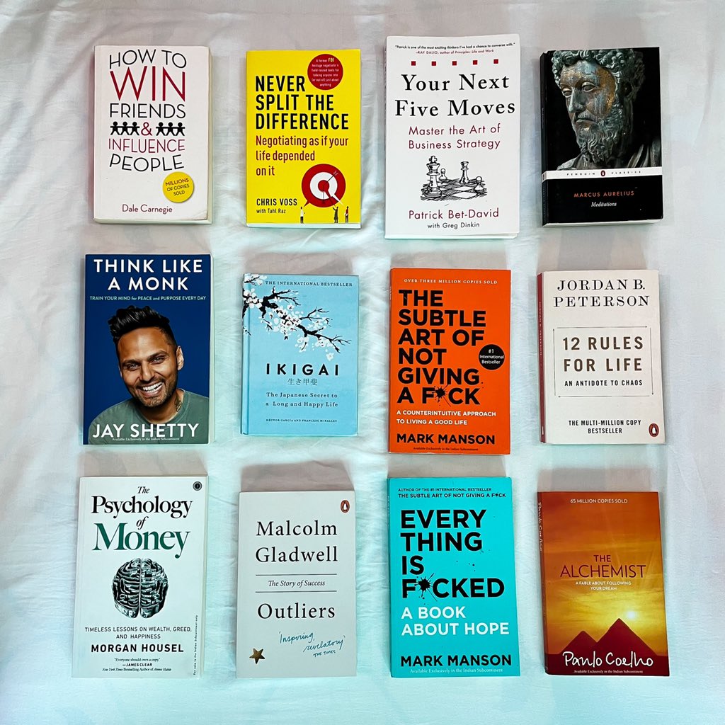 librarymindset's tweet photo. 12 Books To Read:

1)How to win friends &amp; Influence People
2)Never Split the difference 
3)Your Next Five Moves
4)Meditations
5)Think Like A Monk
6)IKGAI
7)The subtle art of not giving a 
8)12 Rules For Life
9)The Psychology of Money
10)Outliers
11)Everything is
12)The Alchemist https://t.co/qyKpj2gt40