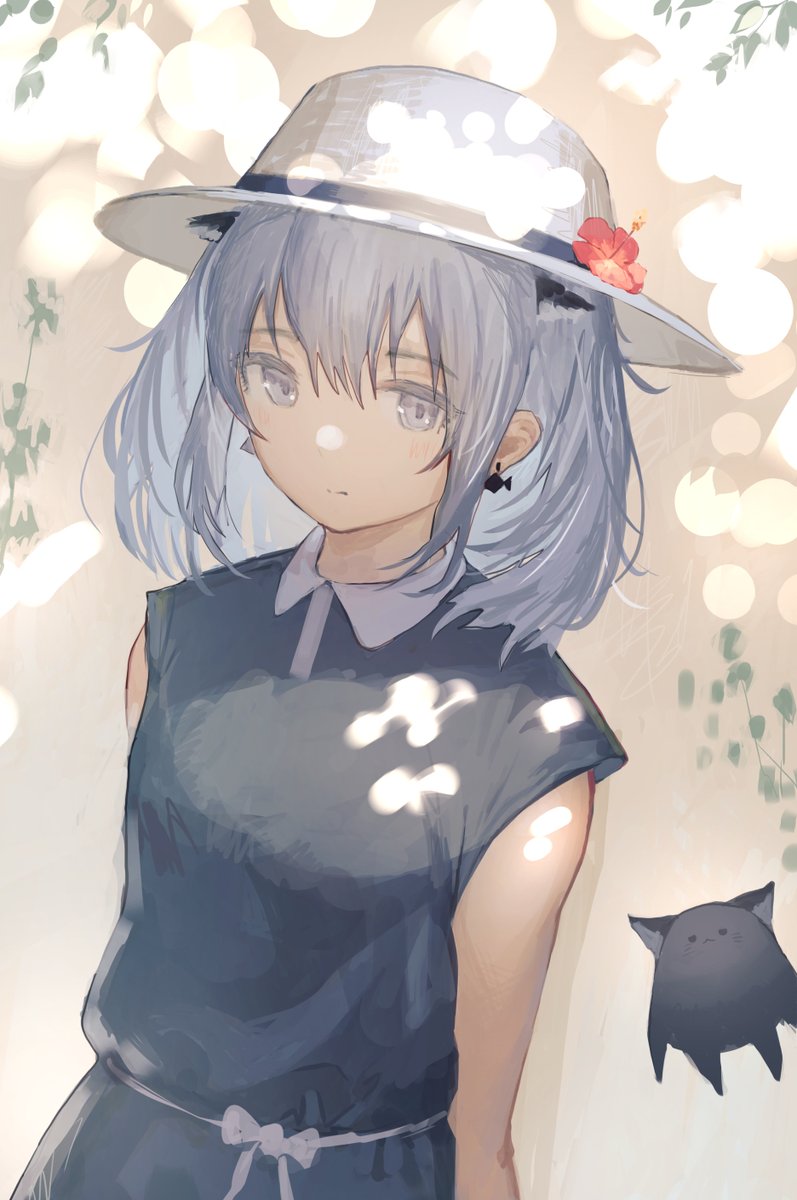 1girl hat flower grey eyes earrings solo dress  illustration images