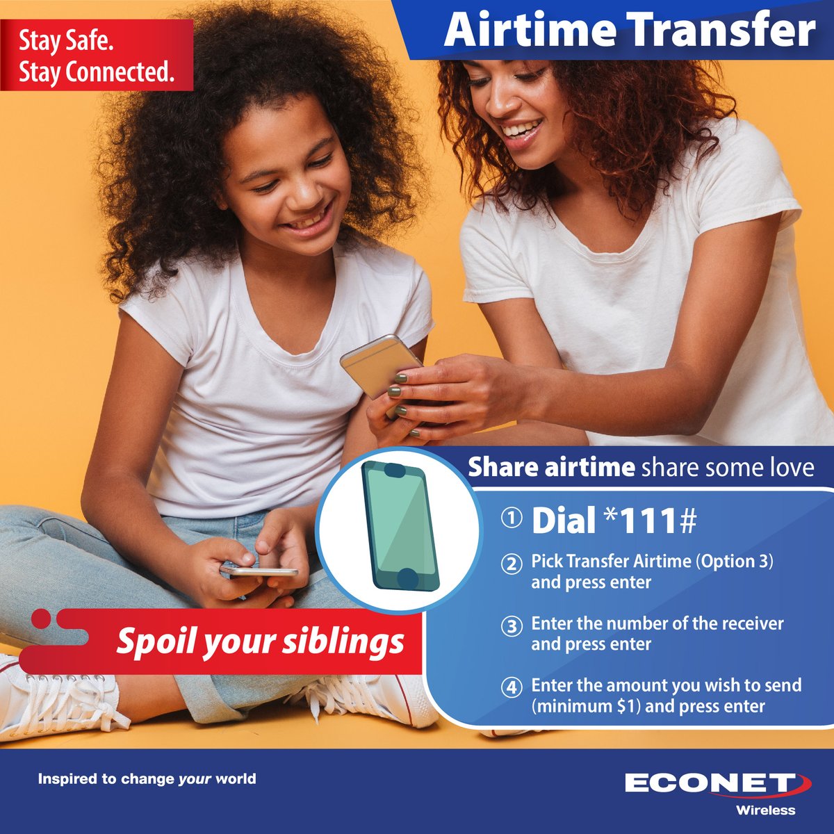 econetzimbabwe's tweet photo. Share the love.

Airtime transfer made easy! 

Simply Dial *111#
Pick Option 3 and press enter
Enter the number of the receiver and press enter
Enter Amount and send https://t.co/w0kUnoUkgX