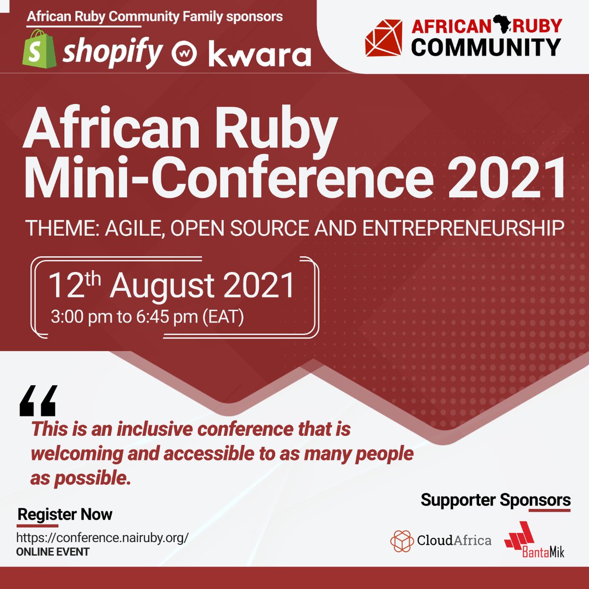 NairubyKE's tweet photo. We are pleased to announce to you African Ruby Mini conference Proudly brought to you by @shopify @getkwara. Join us on the August 12 for this mini conference because it’s all about Ruby. Register Now
#AfricanRubyCommunity #ARCMiniConference2021
https://t.co/bF7H5zCwWx https://t.co/a1naWdcztX