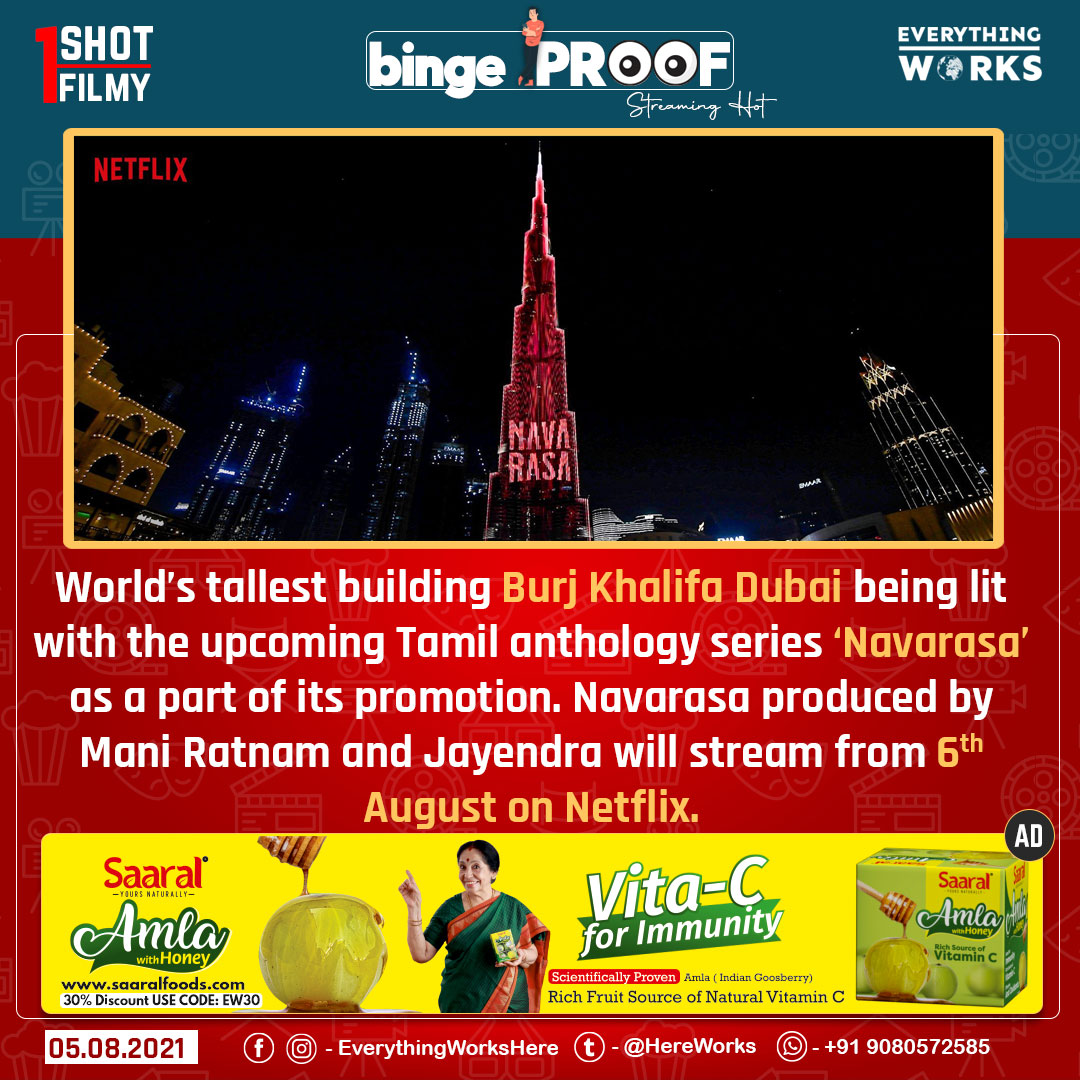 HereWorks's tweet photo. World’s tallest building Burj Khalifa Dubai being lit with the upcoming Tamil anthology series ‘Navarasa’ as a part of its promotion. 

#1ShotNews | #BingeProof | #Navarasa | #Netflix | #Tamil | #burjkalifa | #Dubai https://t.co/saDh0OU37C