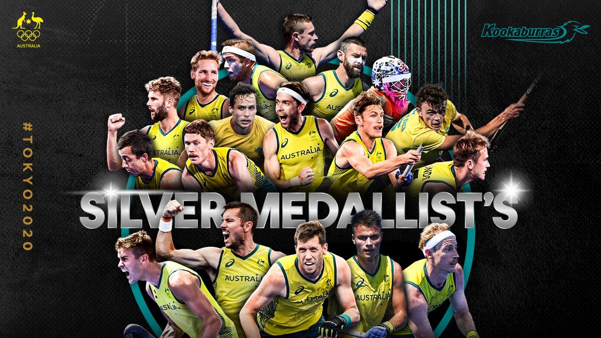 Kookaburras's tweet photo. Tokyo 2020 Silver Medallists! 

Congratulations to Colin, Eddie, Aran and everyone involved in this Kookaburras team. A magnificent achievement! 

You have done all of Australia proud! #PrideoftheKookas #TokyoTogether @AUSOlympicTeam @FIH_Hockey https://t.co/aet60gMxBK