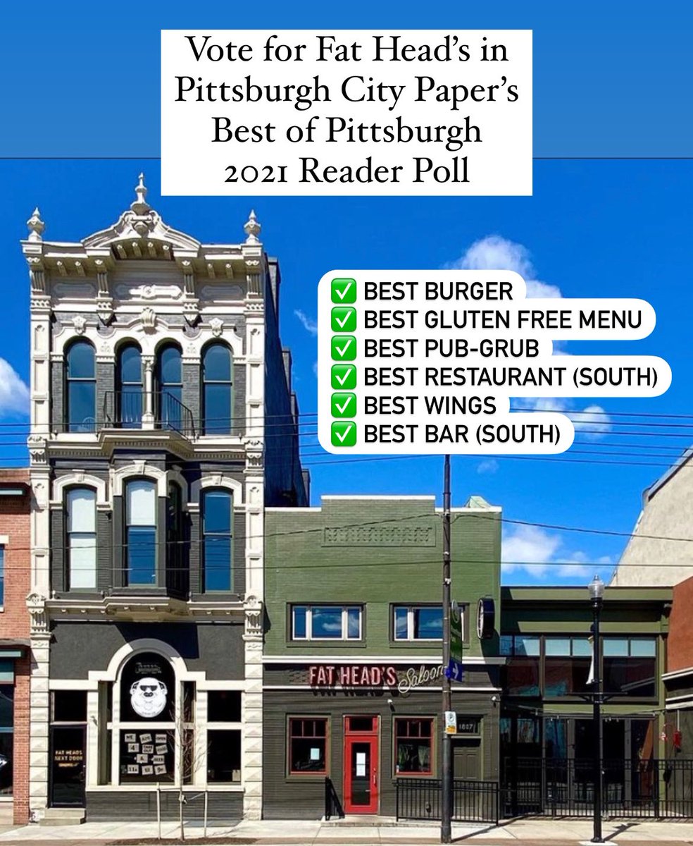 Heads Up! We have made the Top 10 in six categories in the @pghcitypaper Best of Pittsburgh 2021 Reader Poll. Thank yinz for the nominations!!

Voting is open now through 8/31. Click below to vote for Fat Head’s!

pghcitypaper.com/pittsburgh/Bes…
