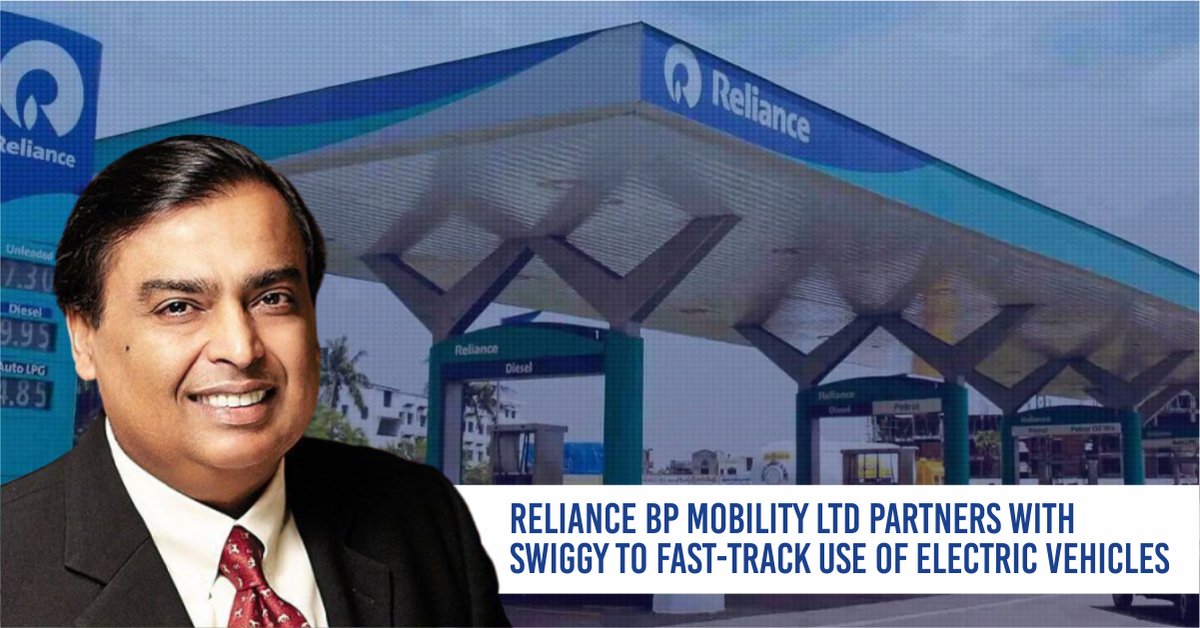 India's #ElectricVehicles ecosystem to get a major boost as #Reliance BP Mobility Ltd partners with #Swiggy to fast-track use of electric 2 wheelers in last-mile logistics & food deliveries using infrastructure support of #Jio-bp battery swapping stations. livemint.com/companies/news…