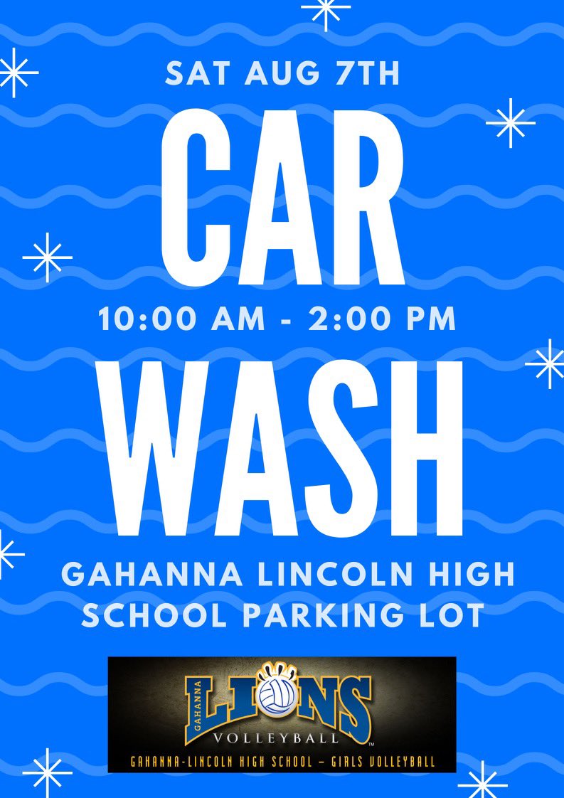 GLHS_GirlsVB's tweet photo. THIS Saturday August 7th the GLHS Girls Volleyball Team is hosting a car wash! Stop by the high school anytime from 10am-2pm to get your car washed and support the volleyball program! Go Lions 🦁 https://t.co/oMtal4hXsQ