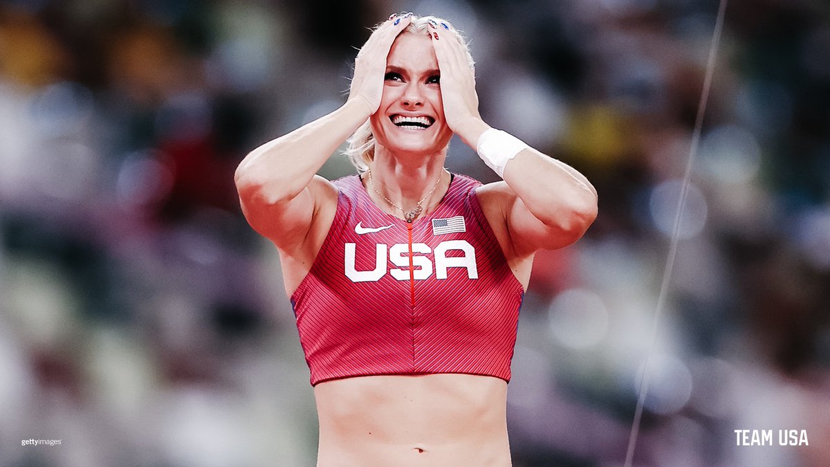 TeamUSA's tweet photo. Can we bottle this feeling? 

@ktnago13's reaction to winning pole vault gold is priceless. #TokyoOlympics https://t.co/EMCAoTN4s7