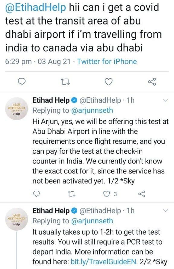 AskOyeStudent's tweet photo. 2/3

Canada's requirements for India is to take RT PCR test results from 3rd country as direct flights are banned. @AUH @etihad provides RT PCR testing facility in transit area and gives results in less than 2 hrs. @EmiratesSupport  @emirates https://t.co/x3SlvLoSmc